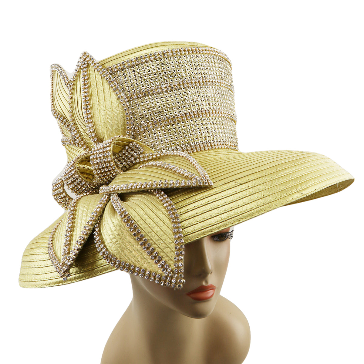 Elegant Dressy Hat Ribbon Rhinestone Accent Derby Church Hat Satin Ribbon Church Hat, Elegant Hats, Derby, Rhinestone  main image 3
