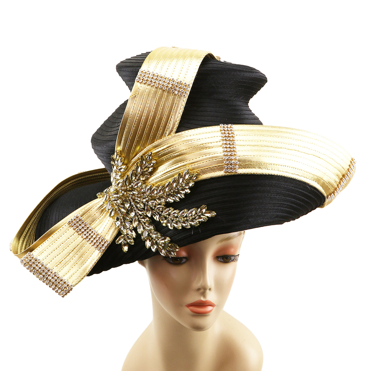 Elegant Dressy Hat Ribbon Rhinestone Accent Derby Church Hat Satin Ribbon Church Hat, Elegant Hats, Derby, Rhinestone  main image 4