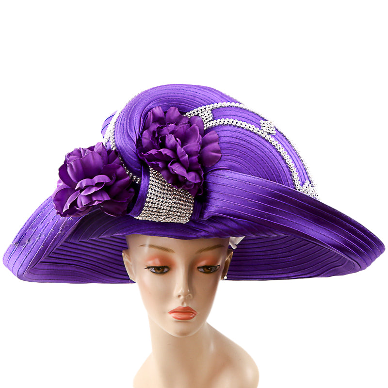 Elegant Purple Women\'s Wide-Brim Satin Ribbon Hat Purple Wide Brim Sun Hat, Satin Bow Accent, Formal Wedding  main image 4